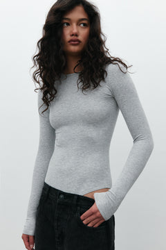 Elise Long Sleeve Bodysuit in Grey Marle, view 3, Bayse Brand