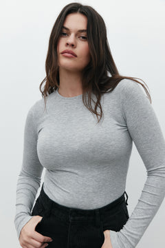 Elise Long Sleeve Bodysuit in Grey Marle, view 4, Bayse Brand