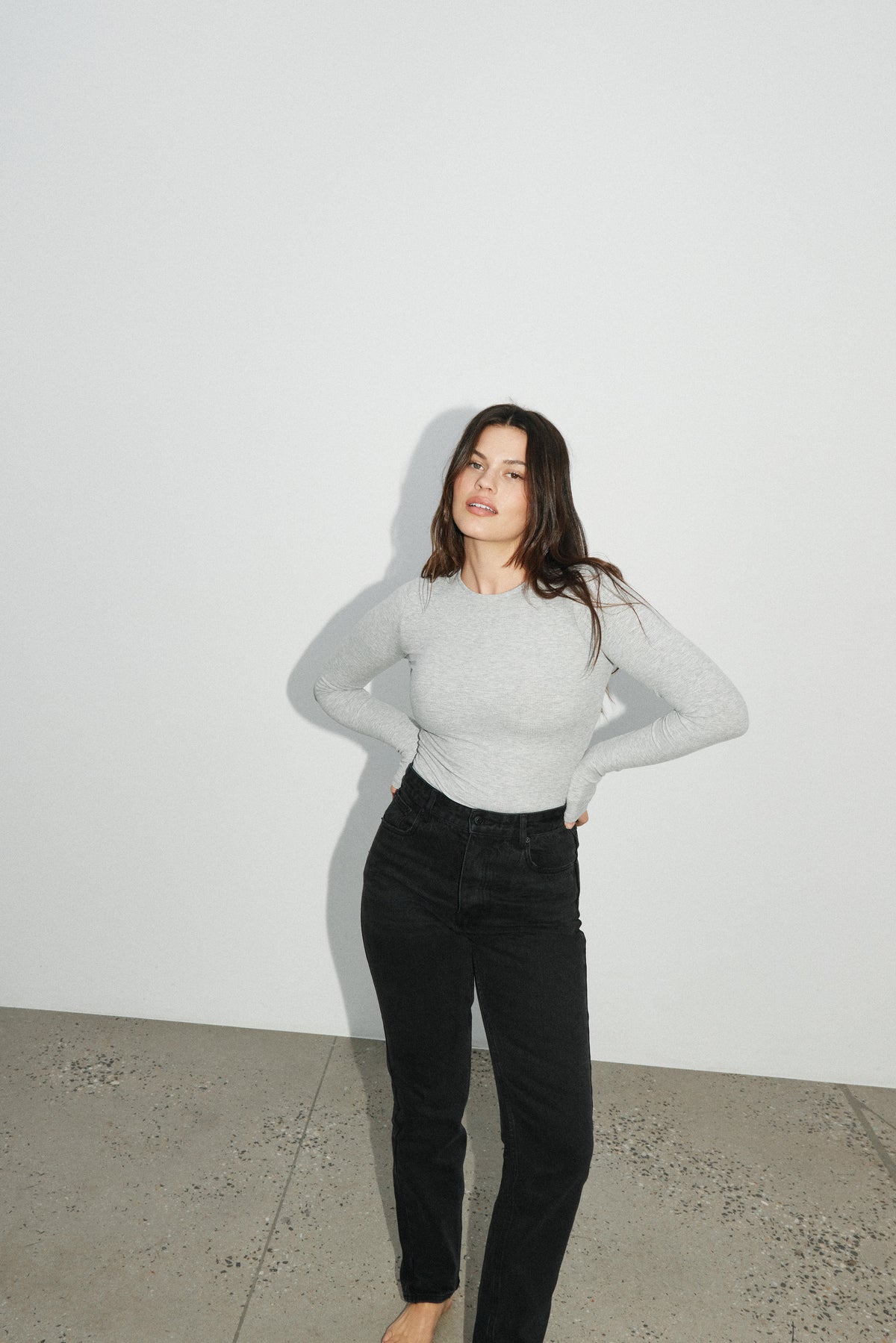 Elise Long Sleeve Bodysuit in Grey Marle, view 5, Bayse Brand
