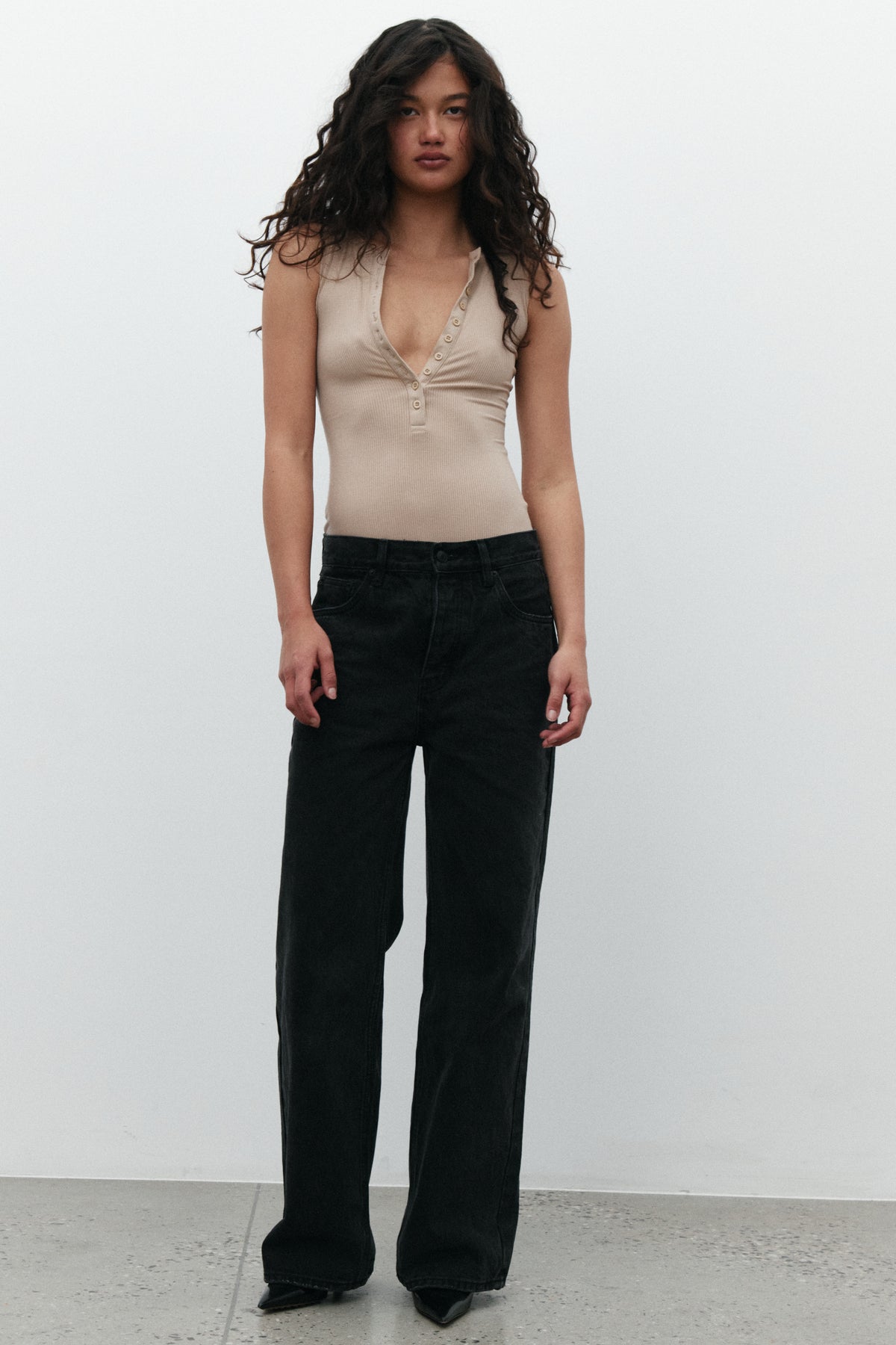 Aurora Sleeveless Henley Bodysuit in Biscotti, view 2, Bayse Brand