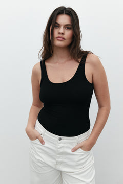 Mia Scoop Neck Sleeveless Bodysuit in Black, view 4, Bayse Brand