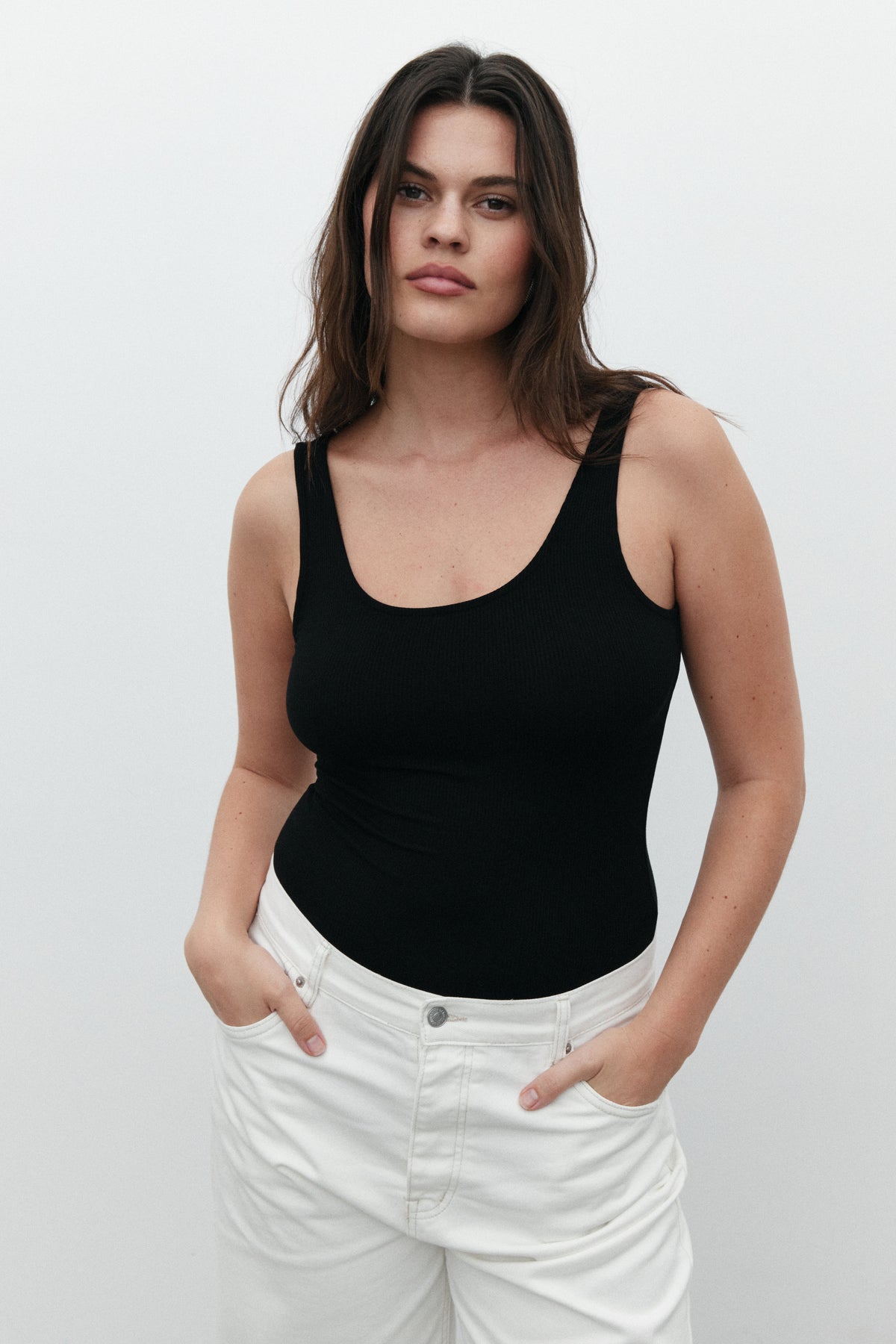 Mia Scoop Neck Sleeveless Bodysuit in Black, view 4, Bayse Brand