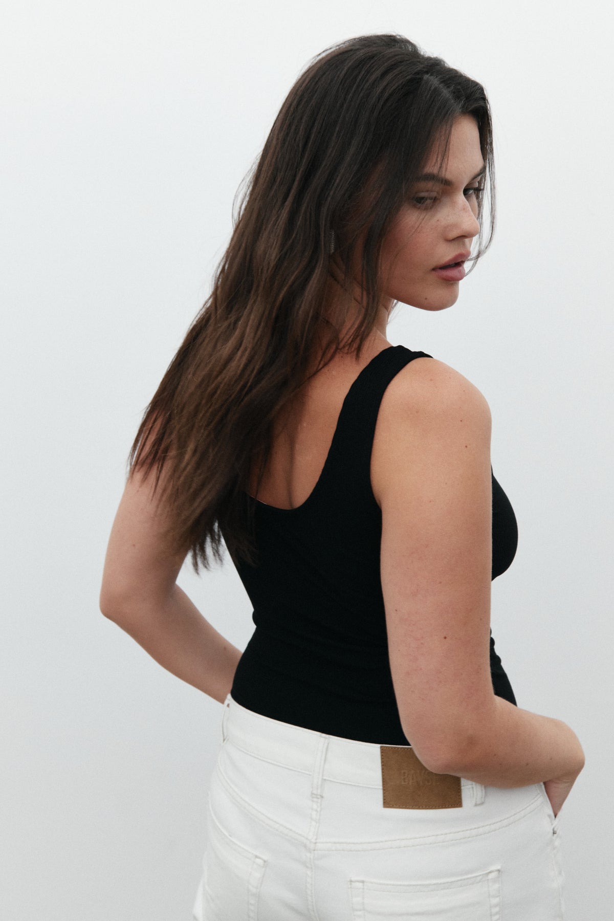 Mia Scoop Neck Sleeveless Bodysuit in Black, view 2, Bayse Brand