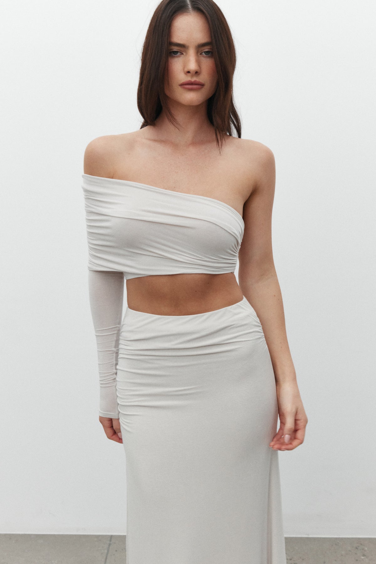 Akio One Shoulder Long Sleeve Top in Baby, view 3, Bayse Brand