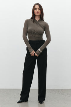 Amrita Draped Crossover Bodysuit in Mink, view 2, Bayse Brand