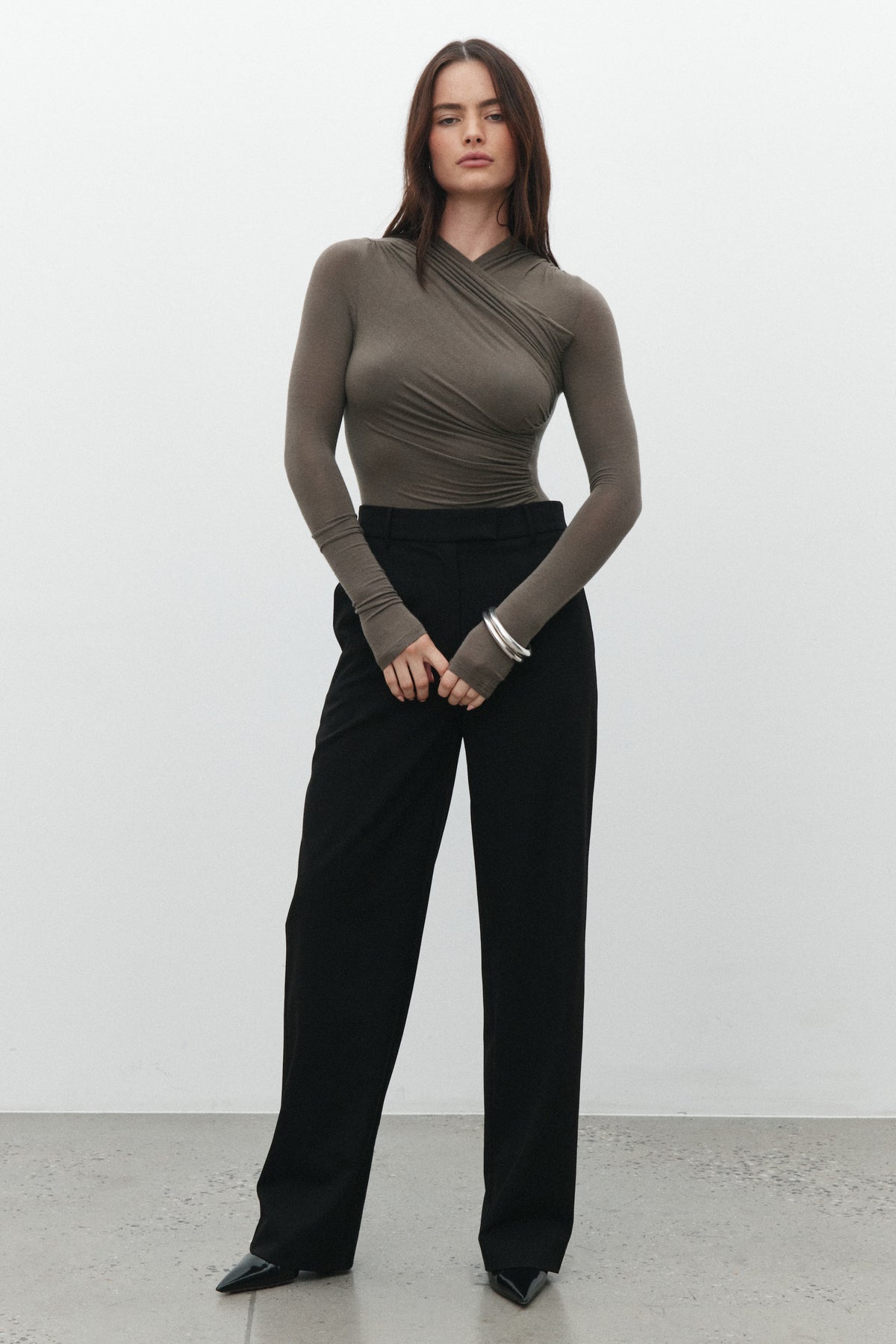 Amrita Draped Crossover Bodysuit in Mink, view 2, Bayse Brand