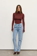 Airlie Sheer Turtleneck Top in Burgundy, view 1, Bayse Brand