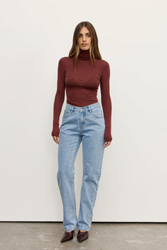 Airlie Sheer Turtleneck Top in Burgundy, view 1, Bayse Brand