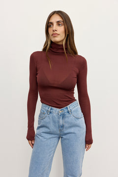 Airlie Sheer Turtleneck Top in Burgundy, view 3, Bayse Brand