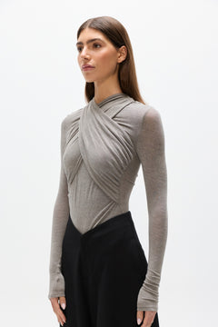 Araya Crossover Bodysuit in Light Grey Marle, view 2, Bayse Brand