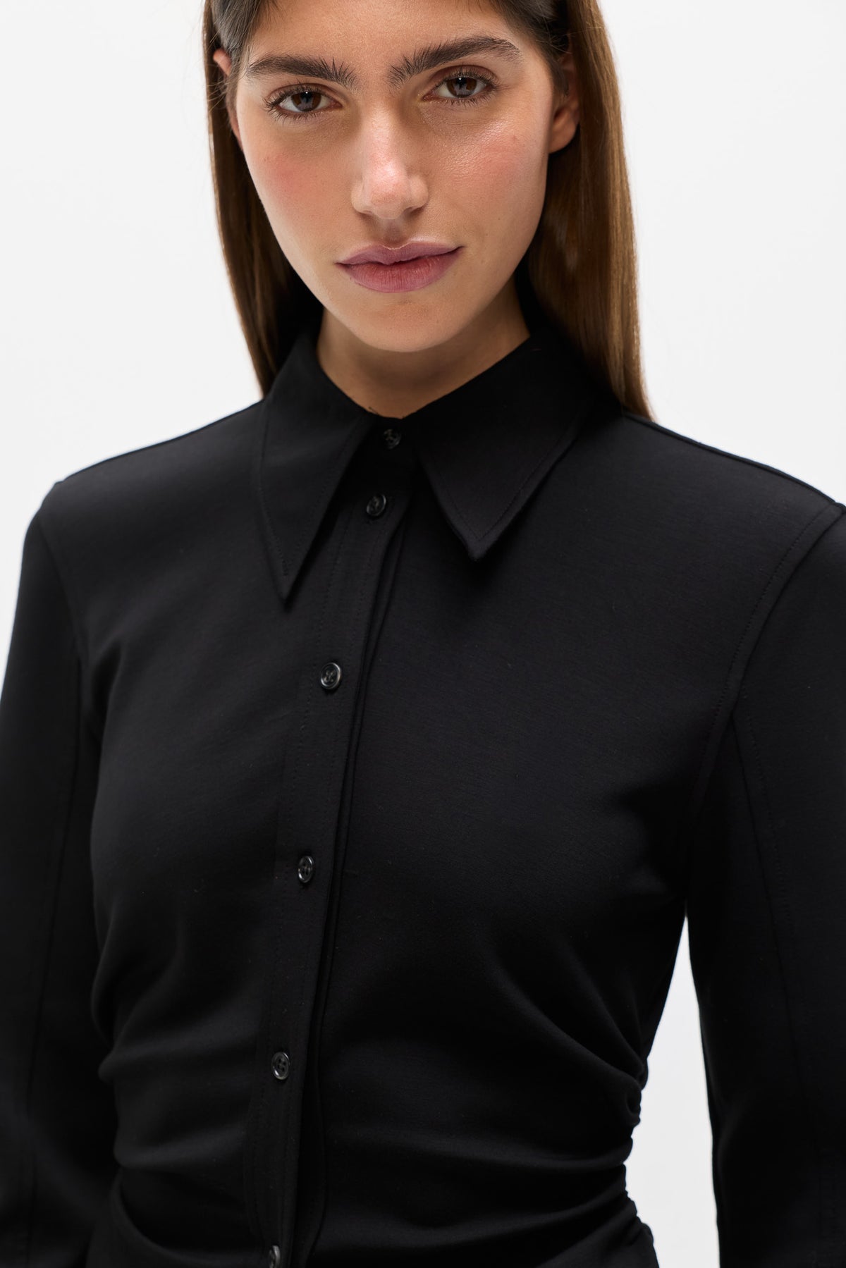 Adaia Stretch Jersey Shirt Top in Black, view 3, Bayse Brand