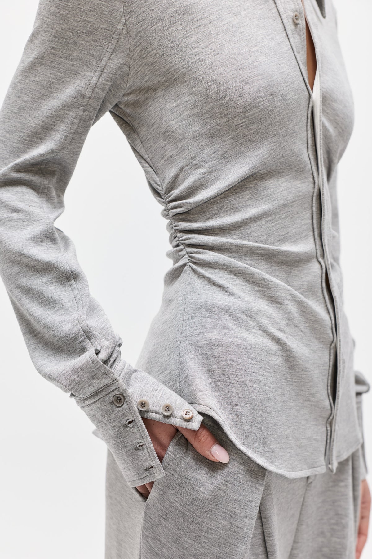 Adaia Stretch Jersey Shirt Top in Grey Marle, view 3, Bayse Brand