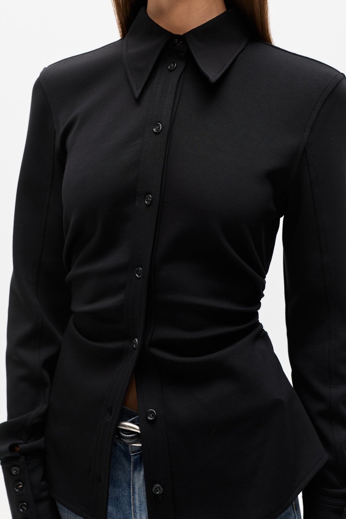 Adaia Stretch Jersey Shirt Top in Black, view 2, Bayse Brand