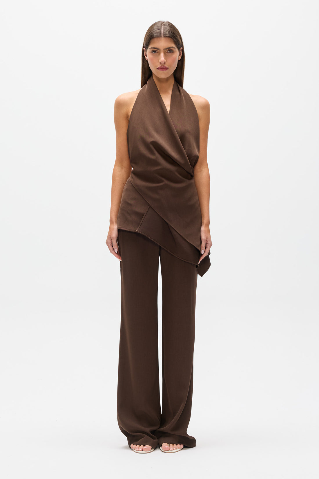 Adonai Draped Halter Top in Brown, view 1, Bayse Brand