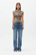 Amrita Crossover Sleeveless Bodysuit in Mink, view 1, Bayse Brand