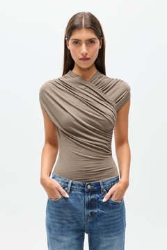 Amrita Crossover Sleeveless Bodysuit in Mink, view 3, Bayse Brand