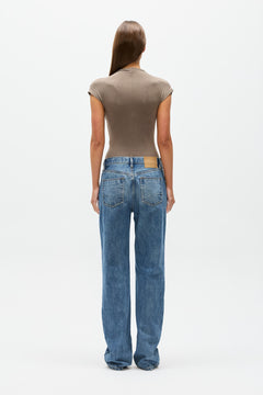 Amrita Crossover Sleeveless Bodysuit in Mink, view 4, Bayse Brand