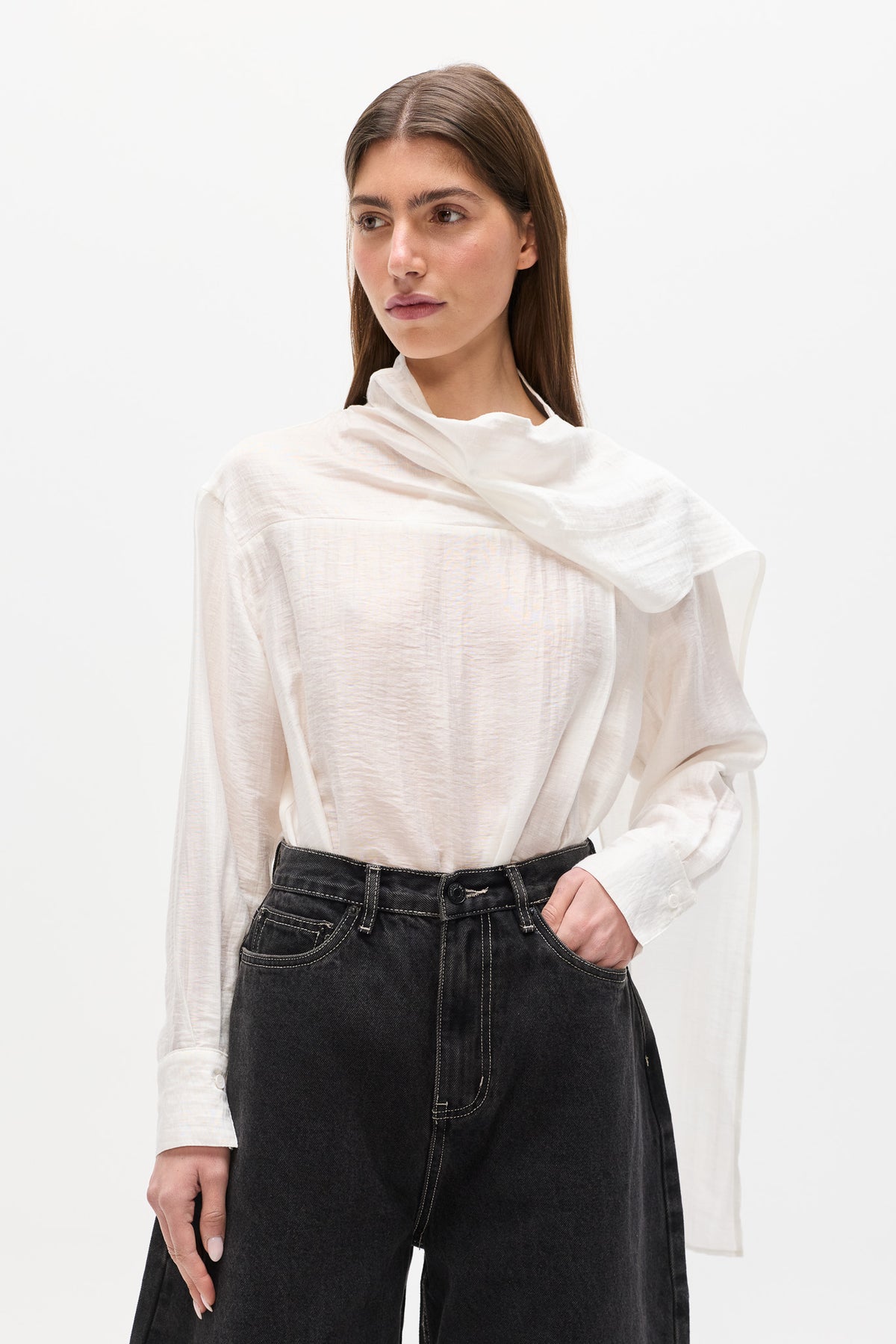 Anouk Sheer Draped Scarf Top in White, view 2, Bayse Brand