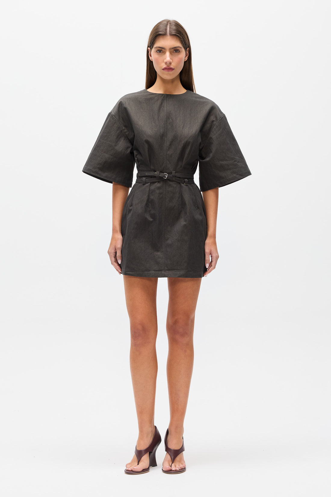 Arna Belted Mini Dress in Ash Twill, view 1, Bayse Brand