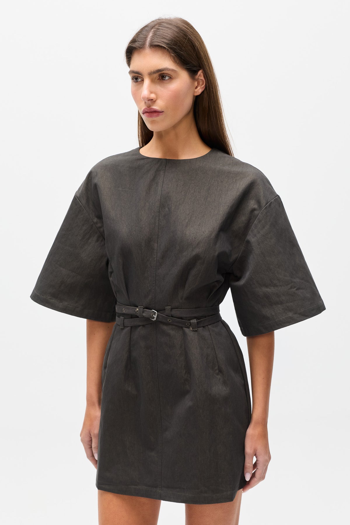 Arna Belted Mini Dress in Ash Twill, view 3, Bayse Brand