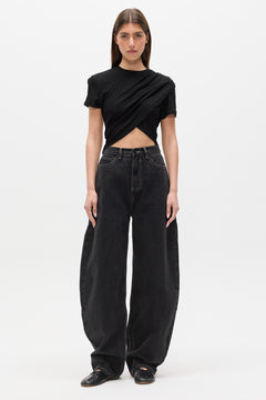 Astin Asymmetric Draped Crew Neck Top in Black, view 1, Bayse Brand