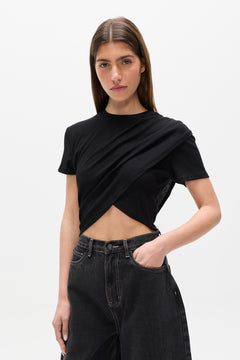 Astin Asymmetric Draped Crew Neck Top in Black, view 3, Bayse Brand