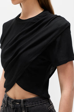 Astin Asymmetric Draped Crew Neck Top in Black, view 2, Bayse Brand