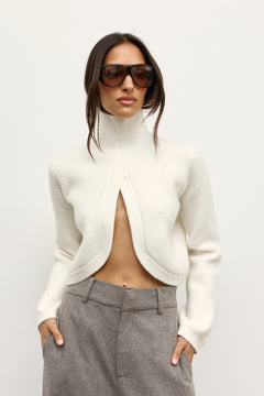 Clement Cropped Turtleneck Knit Top in White, view 2, Bayse Brand