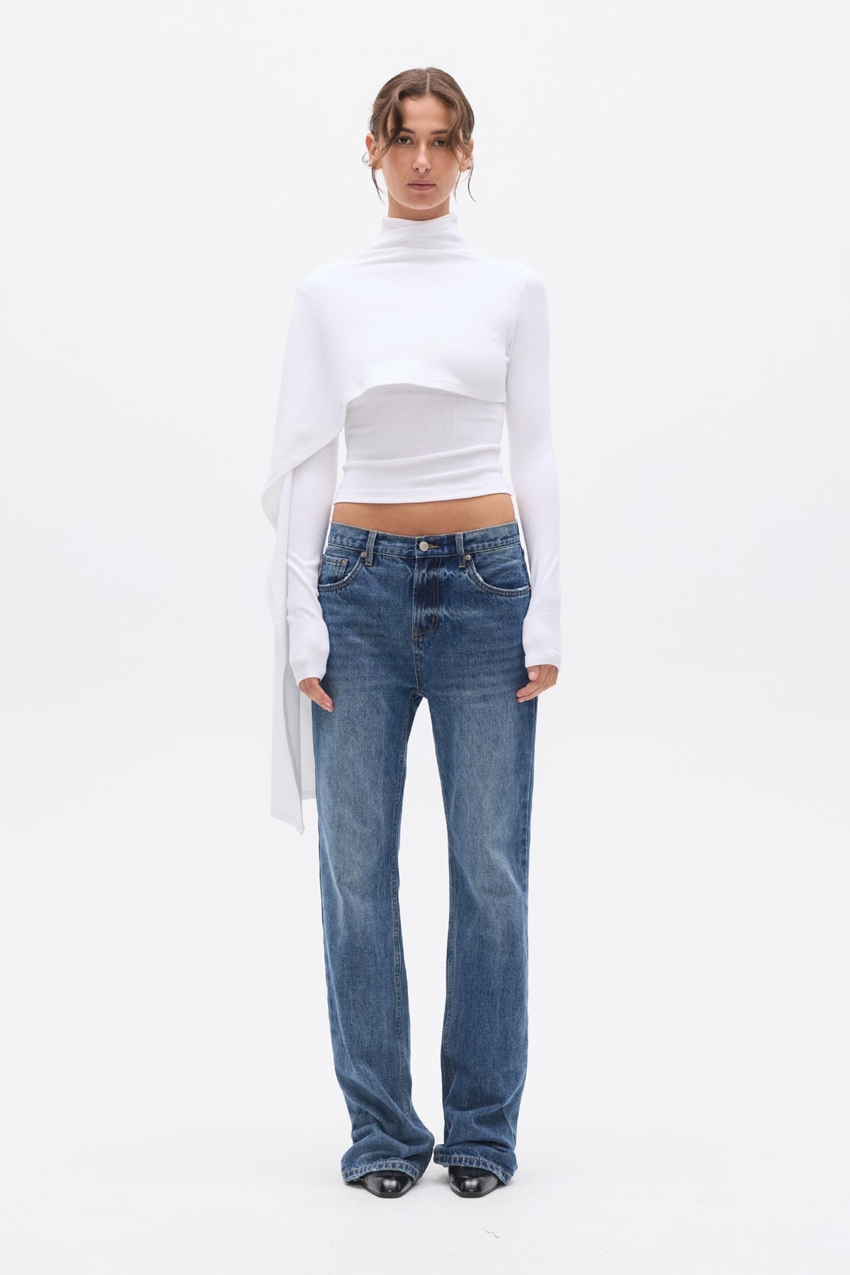 Estelle Draped Overlay High Neck Top in White, view 1, Bayse Brand