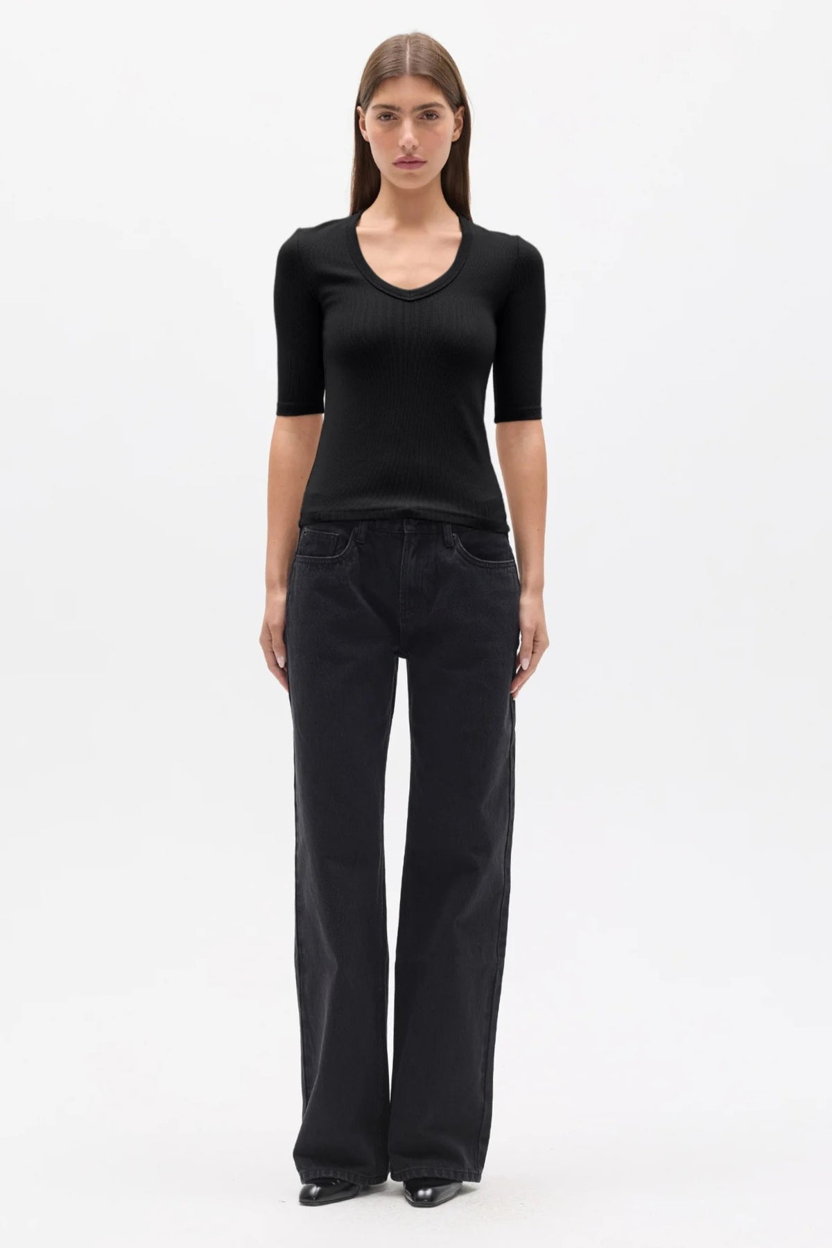 Nova Scoop Neck Tee in Black, view 1, Bayse Brand