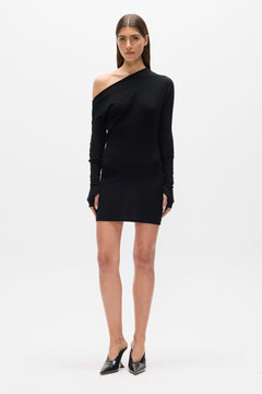 Giselle Off Shoulder Ribbed Mini Dress in Black, view 1, Bayse Brand