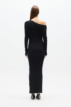 Giselle Off Shoulder Ribbed Maxi Dress in Black, view 5, Bayse Brand