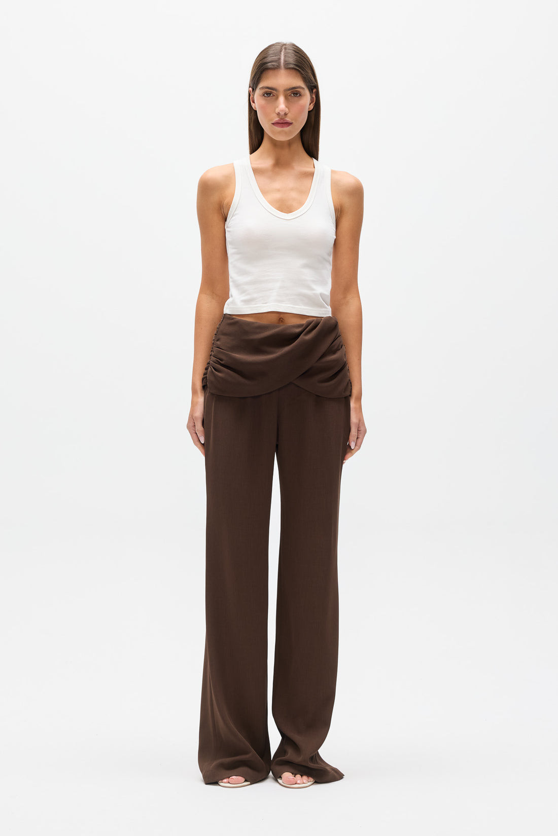 Emynah Draped Waist Straight Leg Pant in Brown, view 1, Bayse Brand