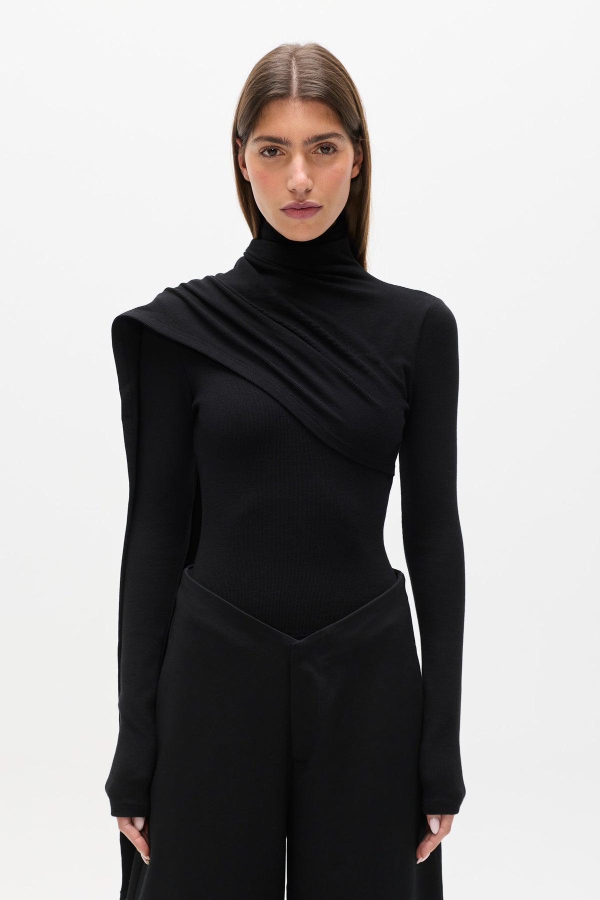 Estelle Draped Overlay High Neck Top in Black, view 2, Bayse Brand