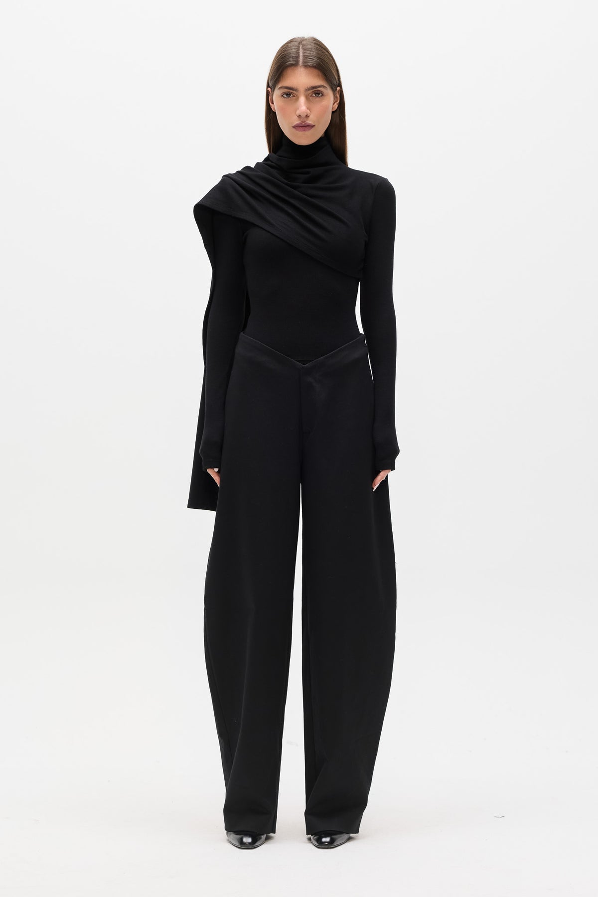 Estelle Draped Overlay High Neck Top in Black, view 1, Bayse Brand