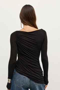 Saria Asymmetric Ruched Top in Shadow, view 4, Bayse Brand