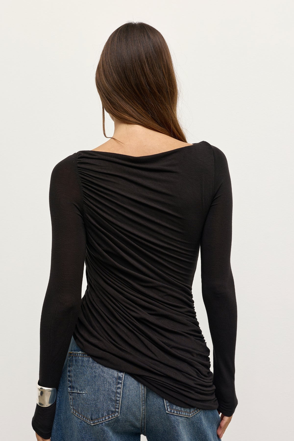 Saria Asymmetric Ruched Top in Shadow, view 4, Bayse Brand