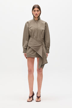 Franka Stand Collar Wrap Mini Dress in Ash, view 1, Bayse Brand