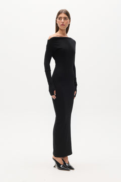 Giselle Off Shoulder Ribbed Maxi Dress in Black, view 4, Bayse Brand