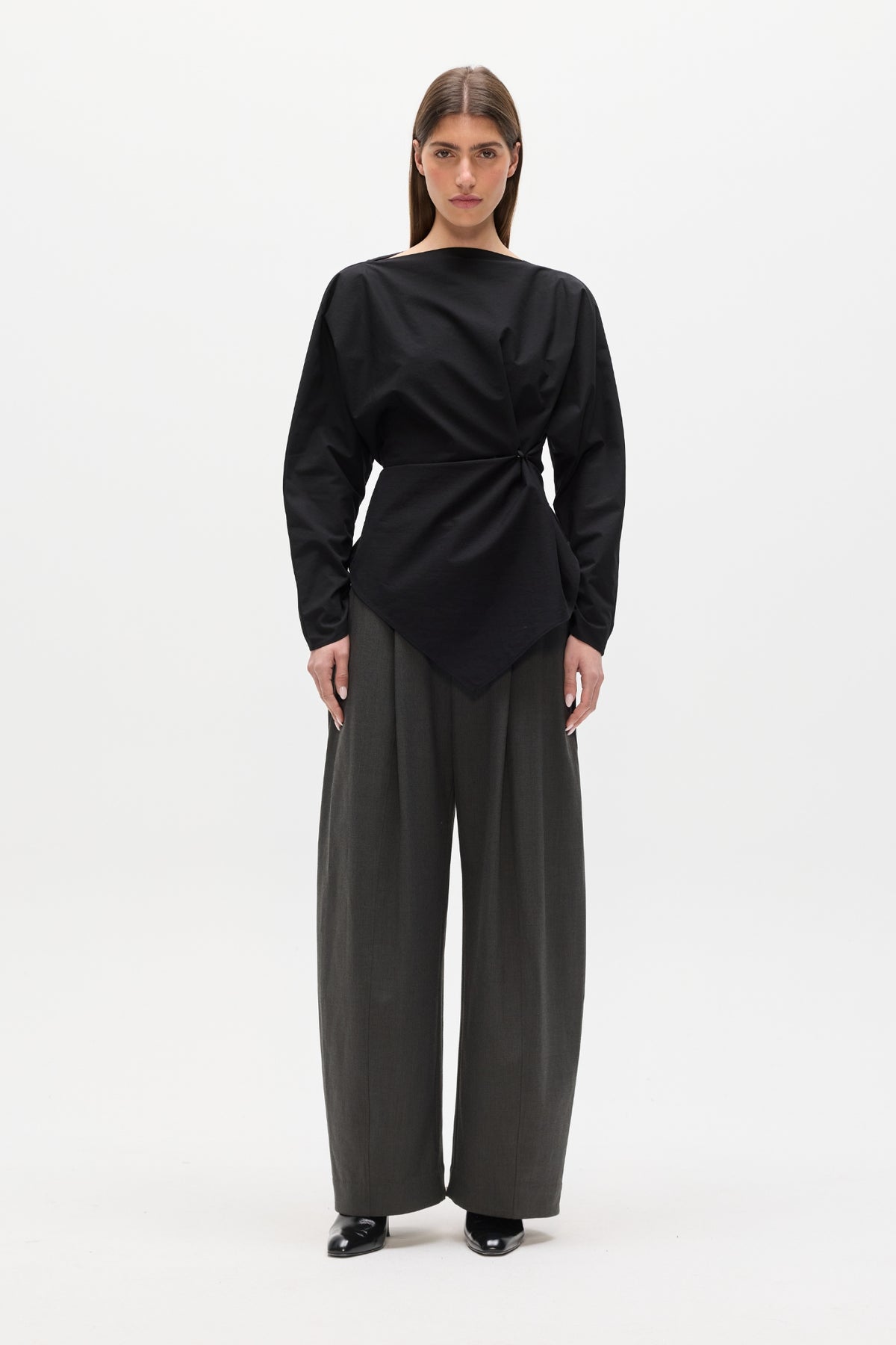 Halthea Draped Twist Top in Black, view 1, Bayse Brand