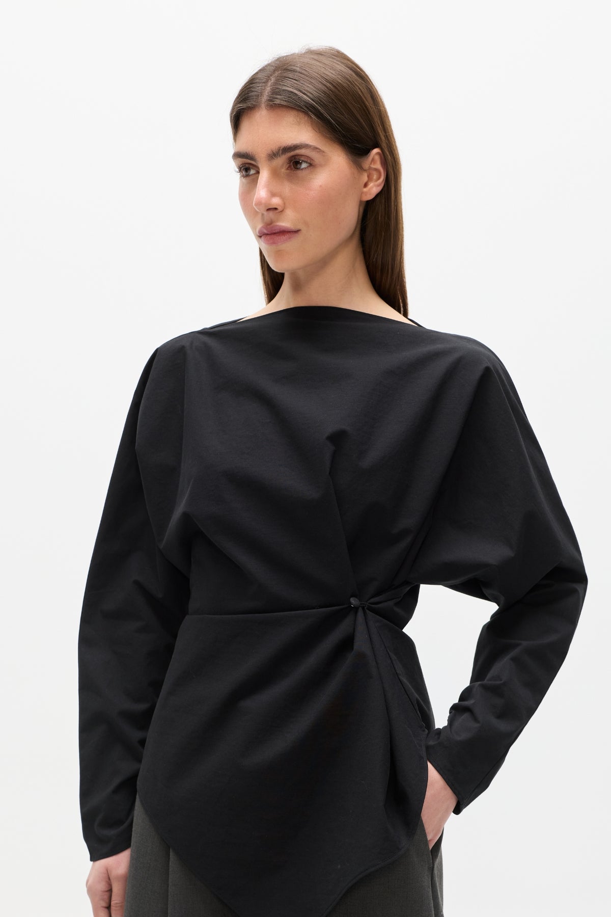 Halthea Draped Twist Top in Black, view 3, Bayse Brand