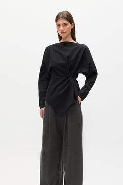 Halthea Draped Twist Top in Black, view 2, Bayse Brand