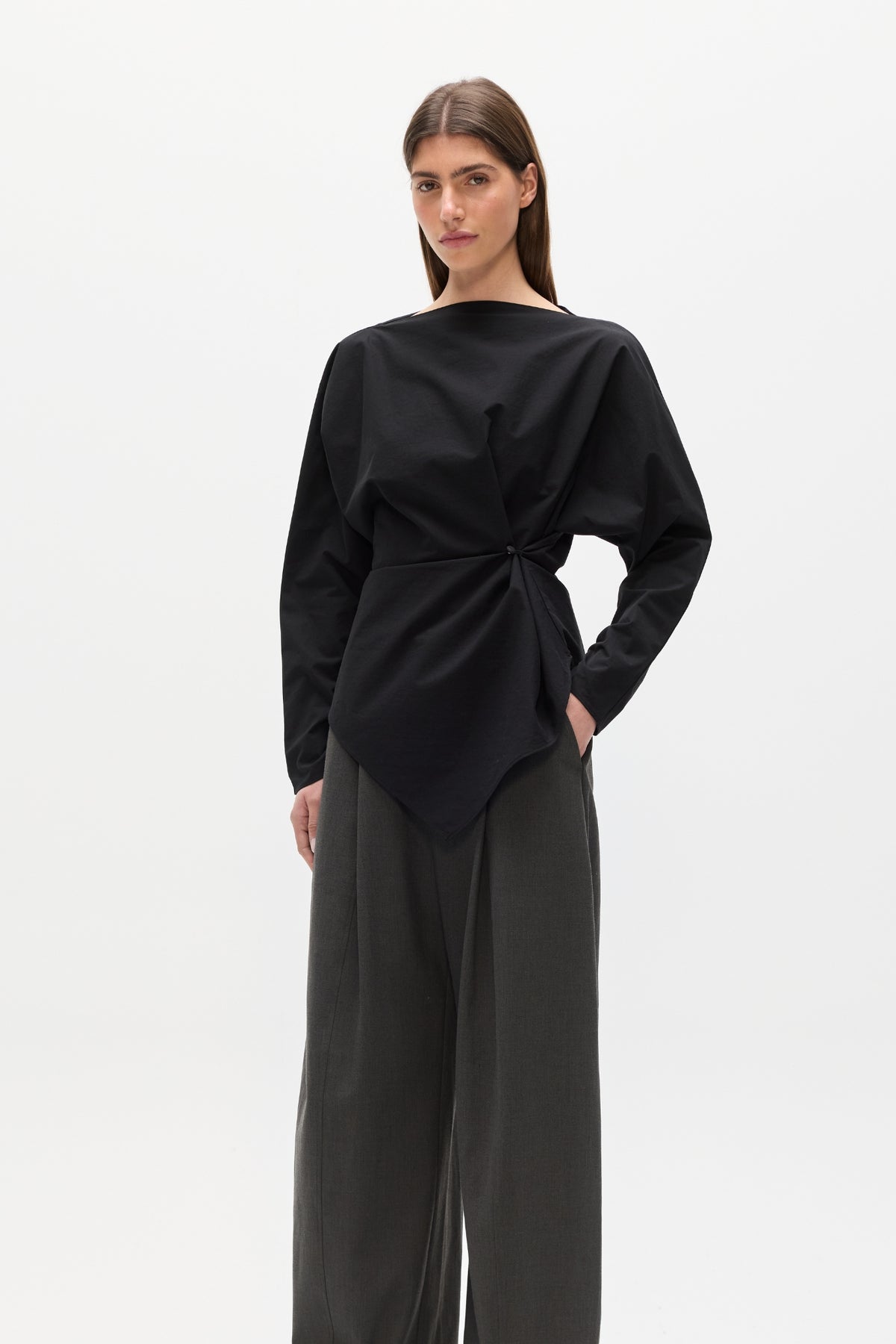 Halthea Draped Twist Top in Black, view 2, Bayse Brand