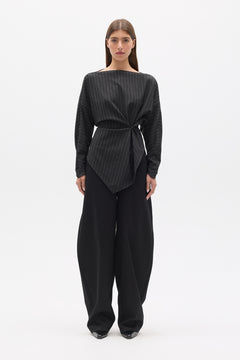 Halthea Draped Twist Top in Charcoal Pinstripe, view 2, Bayse Brand