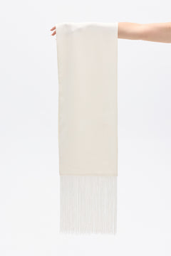 Inara Satin Fringe Scarf in White, view 1, Bayse Brand