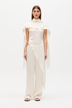 Inara Satin Fringe Scarf in White, view 2, Bayse Brand