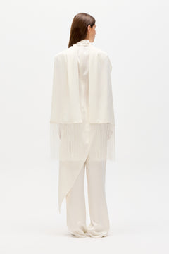 Inara Satin Fringe Scarf in White, view 3, Bayse Brand