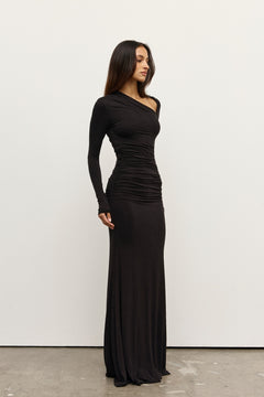 Inaya Asymmetric Ruched Maxi Dress in Shadow, view 4, Bayse Brand