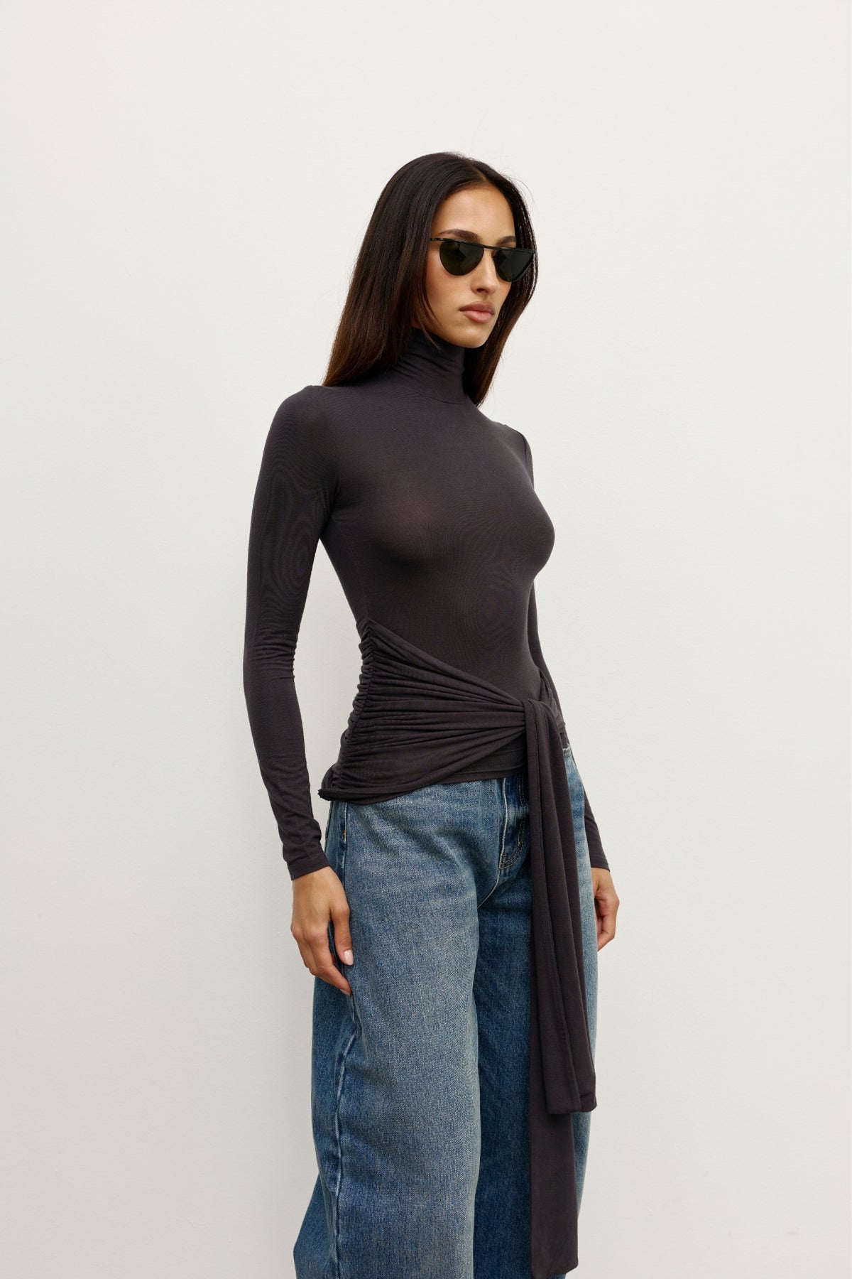 Isley Ruched Turtleneck Top in Charcoal, view 3, Bayse Brand