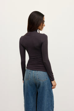 Isley Ruched Turtleneck Top in Charcoal, view 4, Bayse Brand